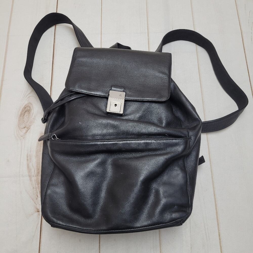 Calvin Klein Black Leather Backpack with Silver Hardware